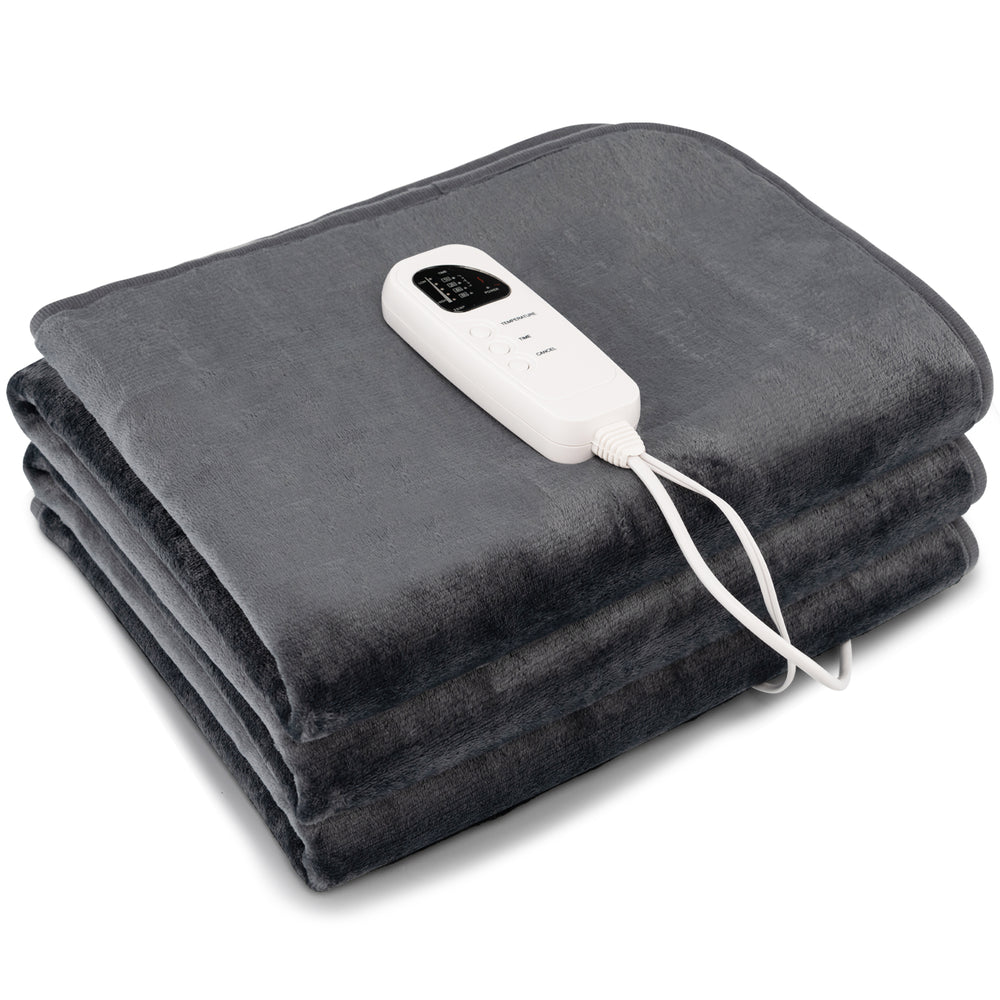 Gray electric heated mattress pad with controller, featuring 5 heating levels and overheat protection for twin size.