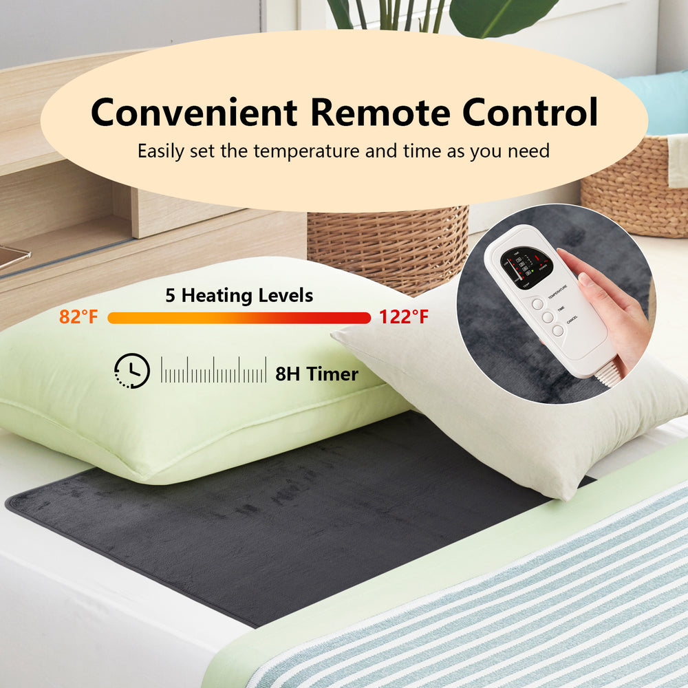 Electric heated mattress pad in gray with 5 heating levels and timer, featuring soft flannel for comfort and safety.
