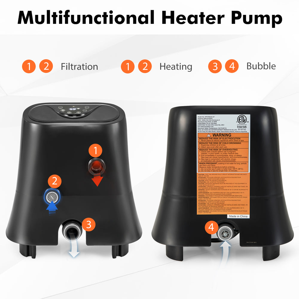 1350W electric heater pump with touch panel, LED display, and filtration for inflatable hot tubs, designed for outdoor.