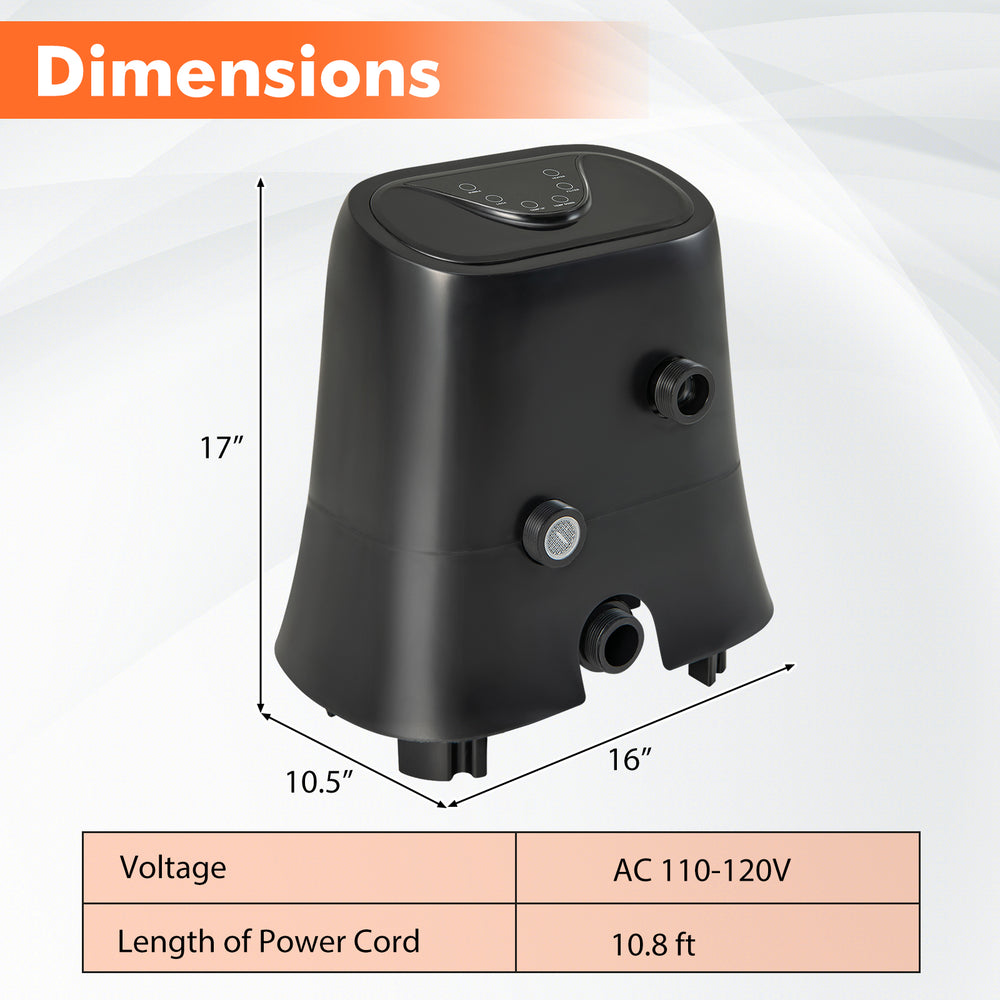 Dimensions of the 1350W Electric Heater Pump with touch panel, showing 17" height and 16" width for outdoor use.