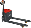 side profile with forks facing of black electric pallet jack with red accents