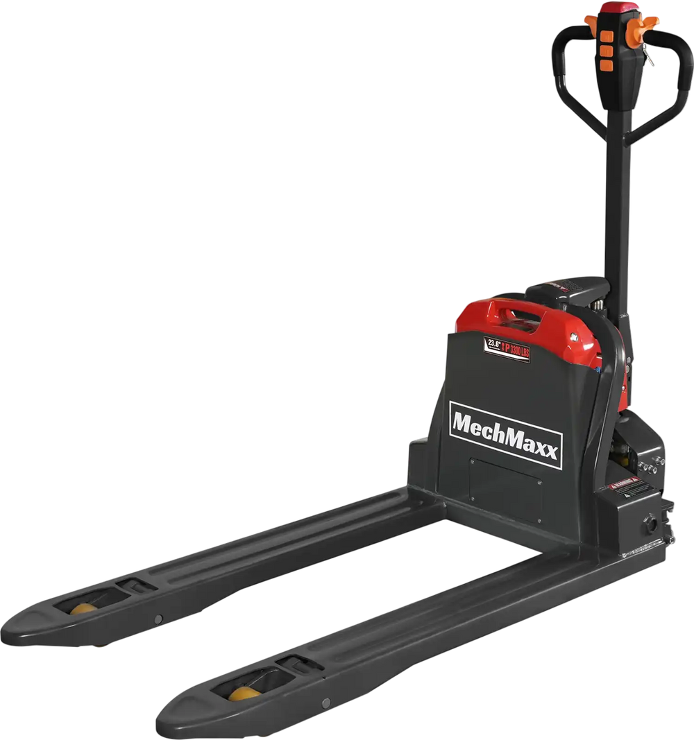 fork facing black electric pallet jack with red accents