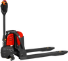 side profile of black electric pallet jack with red accents