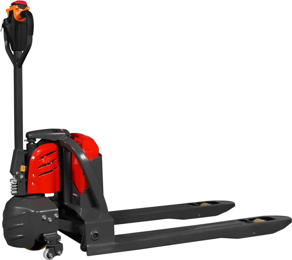 side profile of black electric pallet jack with red accents