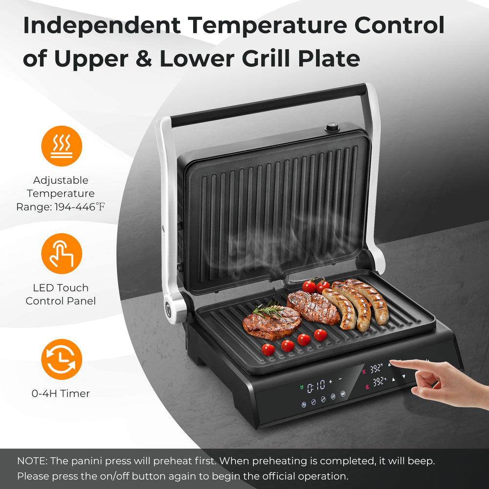 3 in 1 indoor electric panini press grill with LED display, adjustable temperature, and non-stick grill plates for easy.