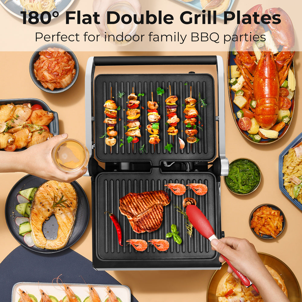 Flat double grill plates of the 3 in 1 indoor electric panini press, perfect for indoor family BBQ parties.