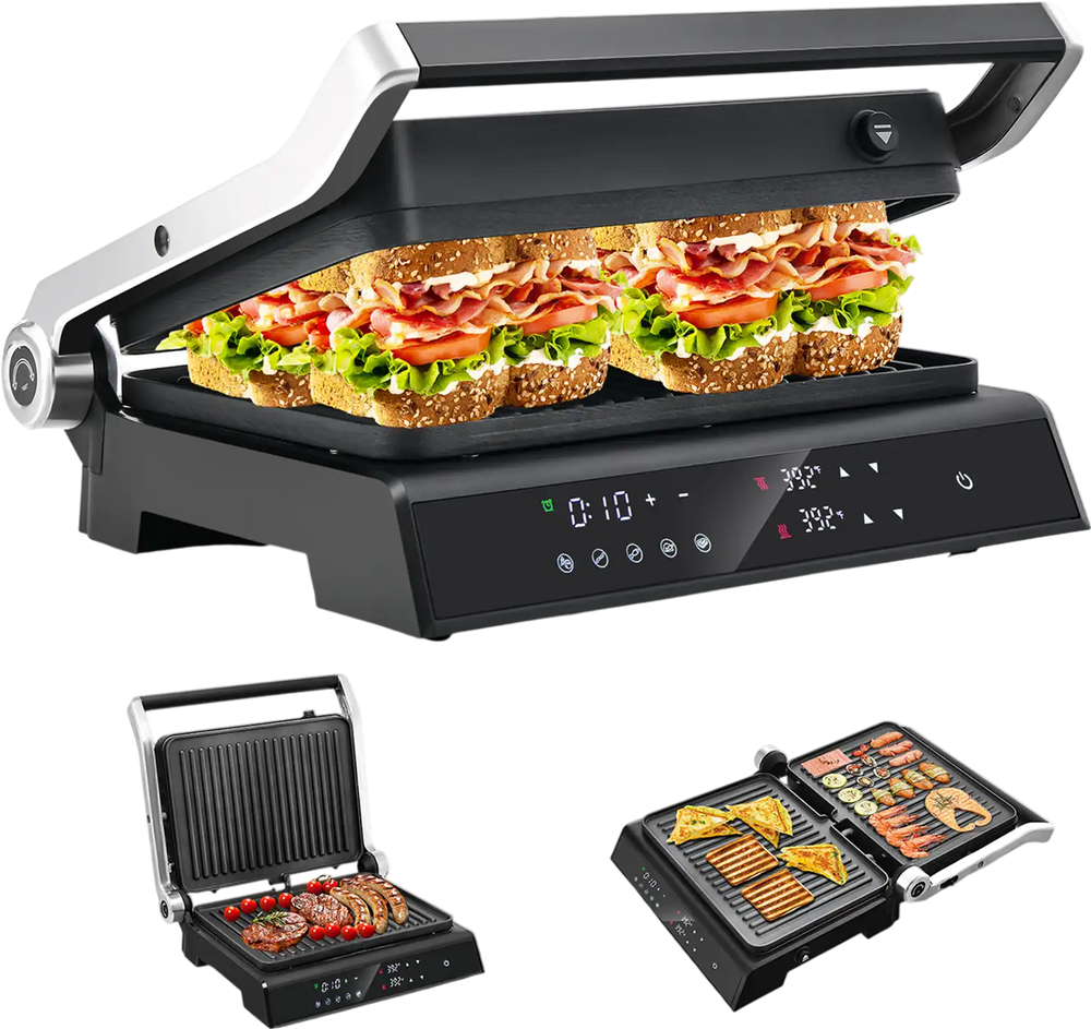3 in 1 indoor electric panini press grill with LED display, featuring non-stick plates and adjustable lid for versatile.
