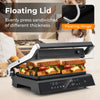 3 in 1 indoor electric panini press grill with floating lid, LED display, and non-stick plates for versatile cooking.