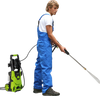 Electric pressure washer in use, featuring 2150 PSI power, foam cannon, and quick connect nozzles for efficient.