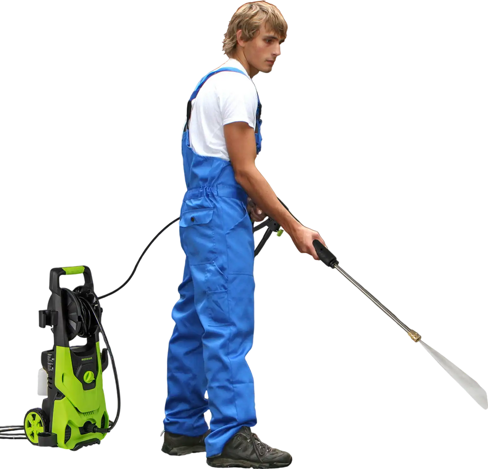 Electric pressure washer in use, featuring 2150 PSI power, foam cannon, and quick connect nozzles for efficient.