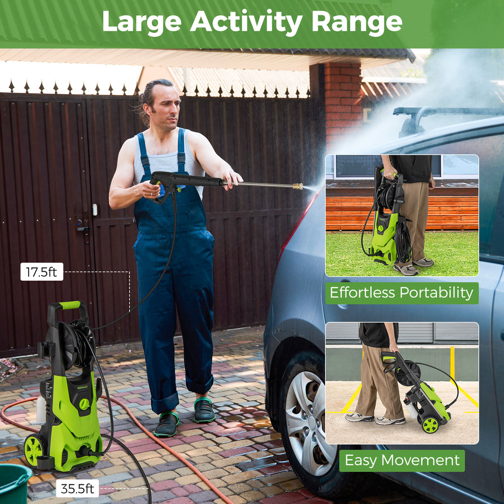 Electric pressure washer in use, featuring 2150 PSI, 1.2 GPM flow, and 17.5 ft hose for efficient car washing.