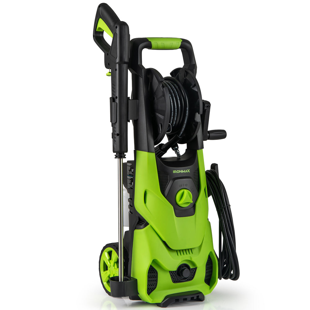 Electric pressure washer in green with 2150 PSI, 1.2 GPM, 4 quick connect nozzles, and foam cannon for efficient.