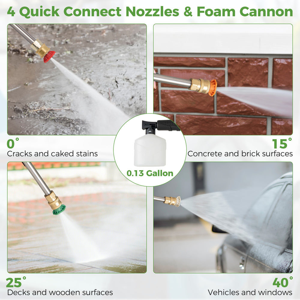 Quick connect nozzles and foam cannon for the 2150 PSI electric pressure washer, ideal for versatile cleaning tasks.
