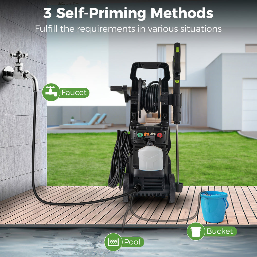 Electric pressure washer with 2150 PSI, showing self-priming methods for faucet, pool, or bucket use in outdoor setting.