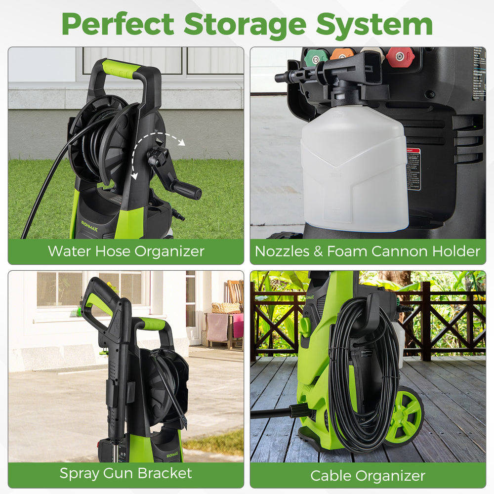 Water hose organizer and foam cannon holder for the 2150 PSI electric pressure washer, designed for efficient storage.