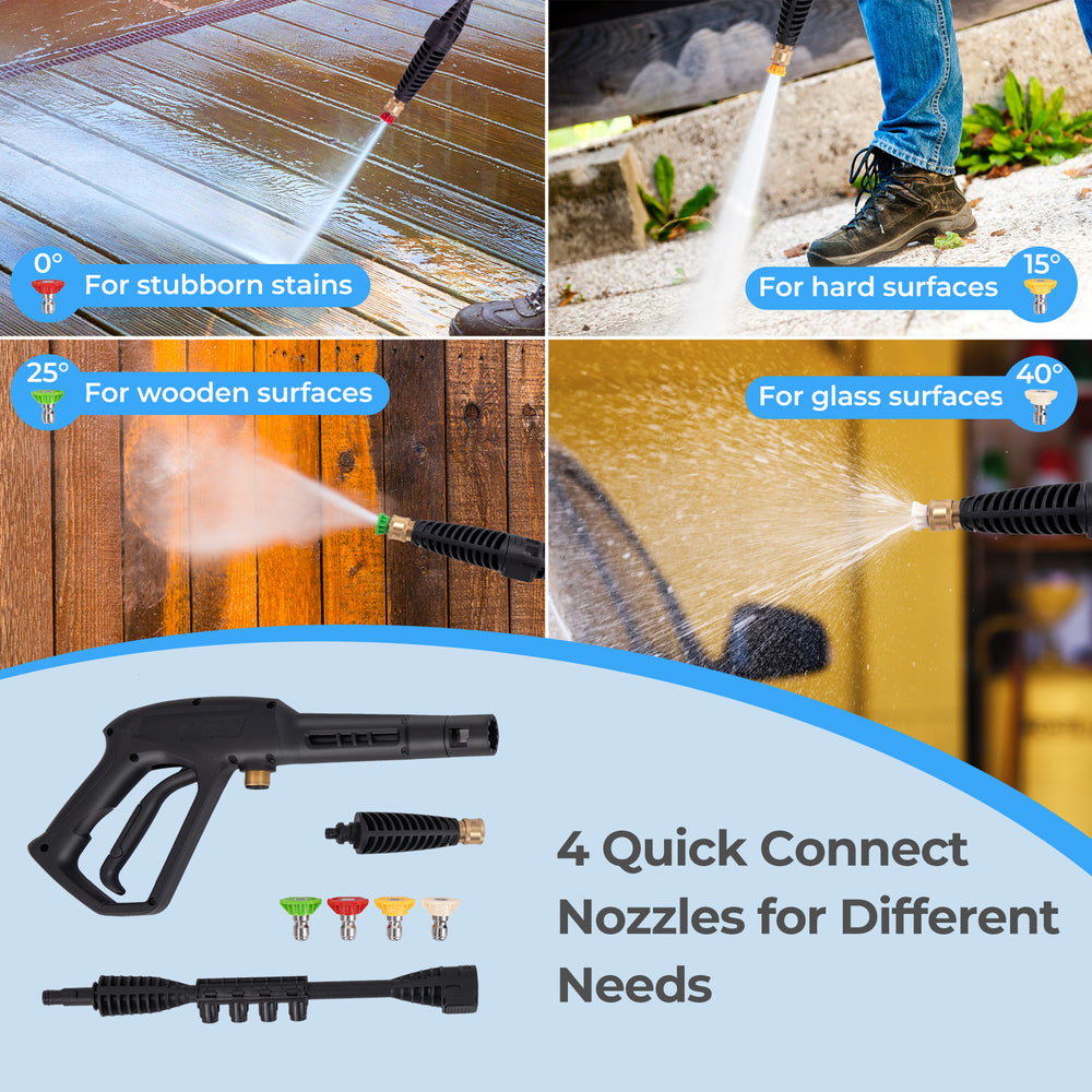 Electric pressure washer with 4 quick connect nozzles, ideal for stubborn stains, hard, wooden, and glass surfaces.
