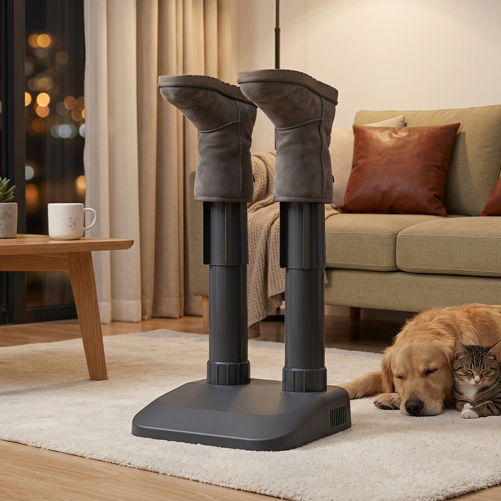 Electric shoe dryer with two removable tubes for drying boots and gloves quietly and efficiently on a flat surface.