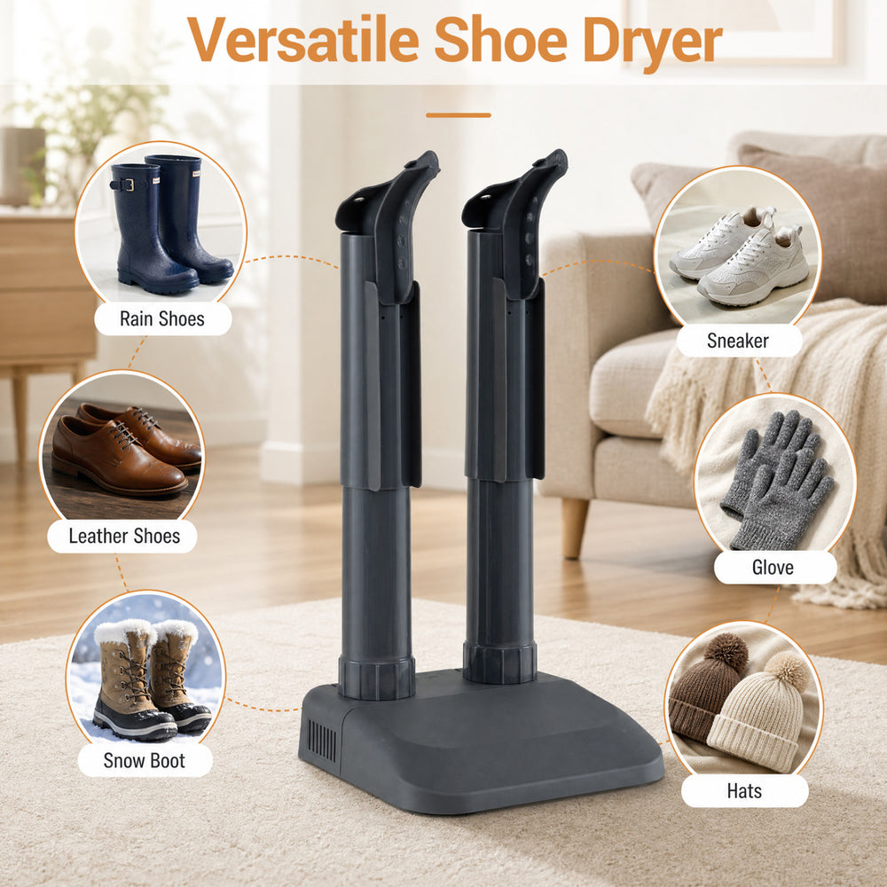 Electric Shoe Dryer with two removable tubes for drying boots, gloves, and sneakers quickly and quietly on a flat surface.