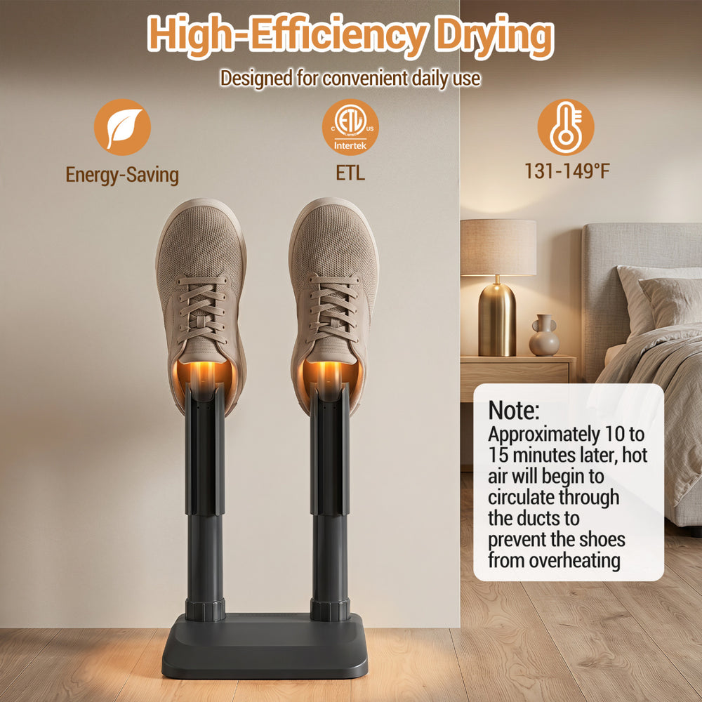 Electric shoe dryer with two removable tubes, designed for quick drying of boots and gloves after snow or rain.