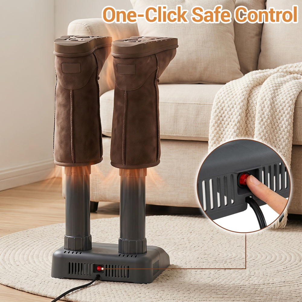Electric shoe dryer with two removable tubes for quick, quiet drying of boots and gloves on a flat surface.
