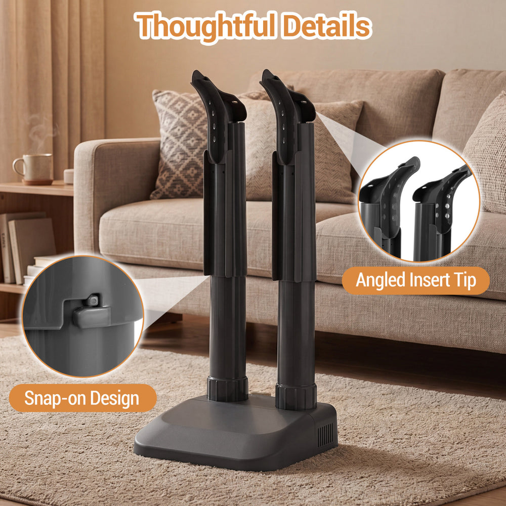 Electric shoe dryer with two removable tubes for quick drying of boots and gloves, ideal for all footwear materials.