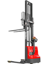red semi-electric straddle stacker facing the back at a fourty-five degree angle