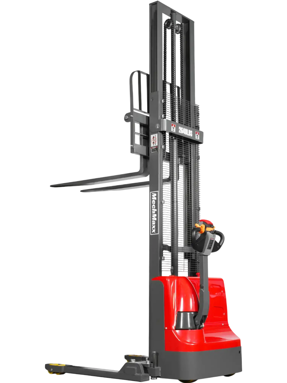 red semi-electric straddle stacker facing the back at a fourty-five degree angle