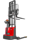 red semi-electric straddle stacker facing the back at a fourty-five degree angle
