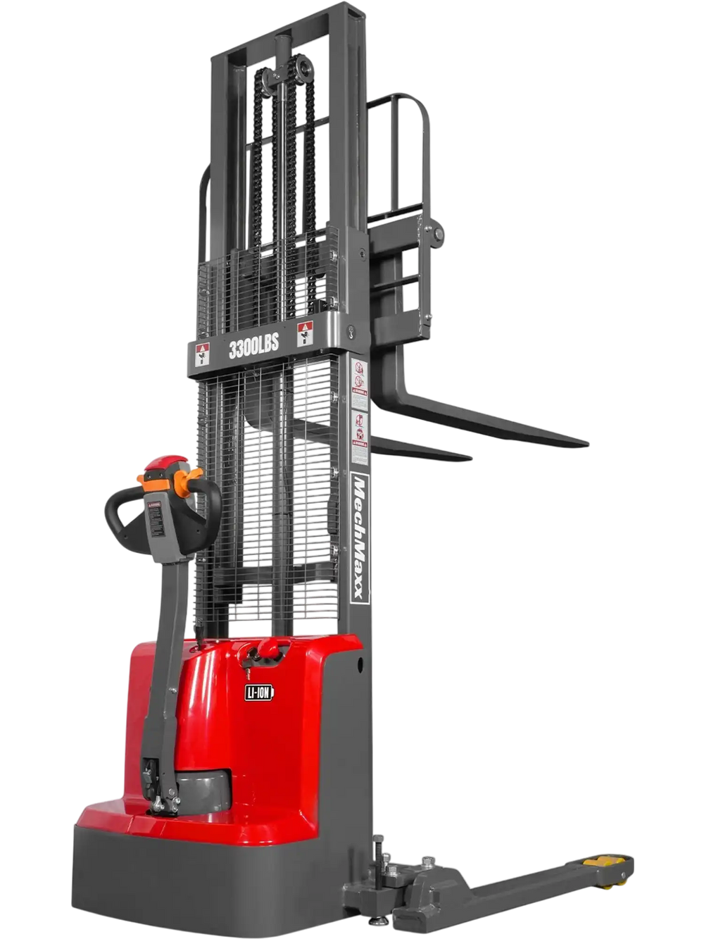 red semi-electric straddle stacker facing the back at a fourty-five degree angle