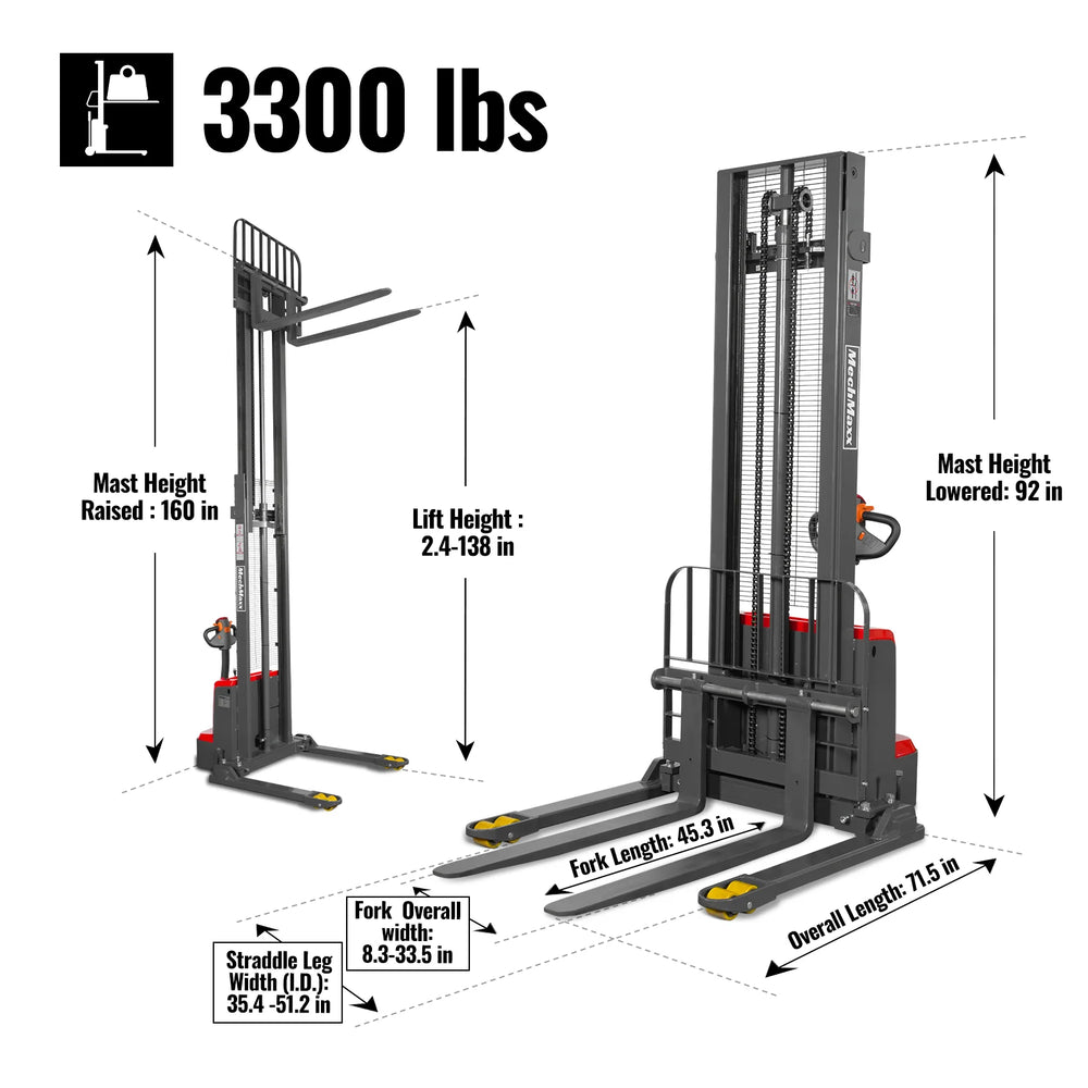 3300lbs Lithium-ion Electric Straddle Stacker,  138" Lift,  Adjustable Legs & Forks,  F33-138S