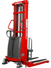 red semi-electric straddle stacker facing the back at a fourty-five degree angle