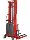 red semi-electric straddle stacker facing the back at a fourty-five degree angle.