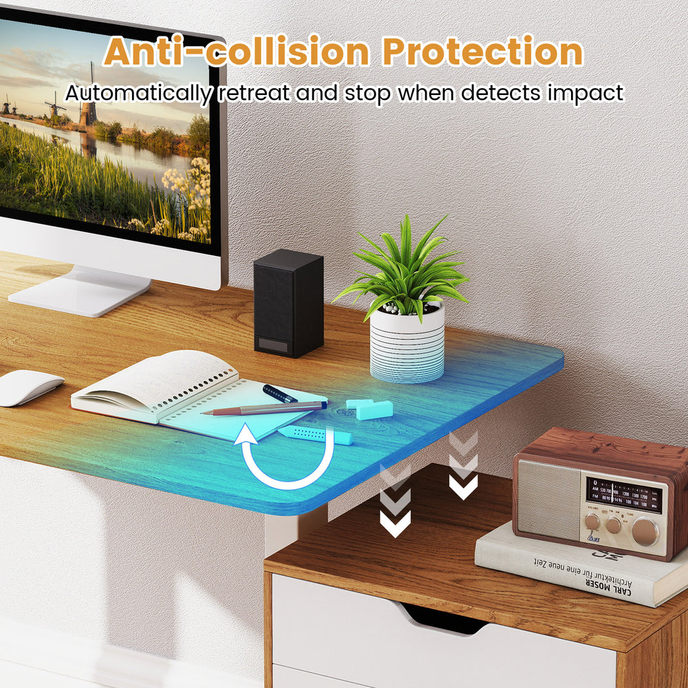 Electric standing desk frame with anti-collision protection, LED display, and ergonomic height adjustment for user.