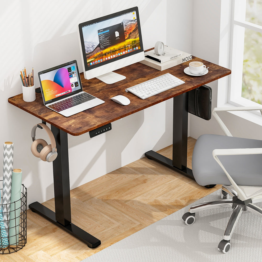 Electric Standing Desk with 3 Memory Height Settings and 2 Hanging Hooks & Cable Management-Rustic Brown - Gallery View 1 of 10
