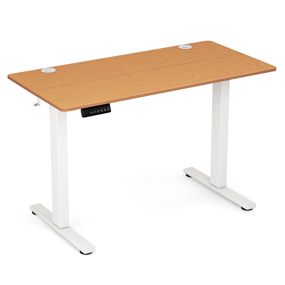 Electric standing desk with bamboo surface, adjustable height, 3 memory settings, and integrated cable management.
