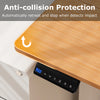 Electric standing desk with natural wood finish, featuring anti-collision protection and a control panel for height.