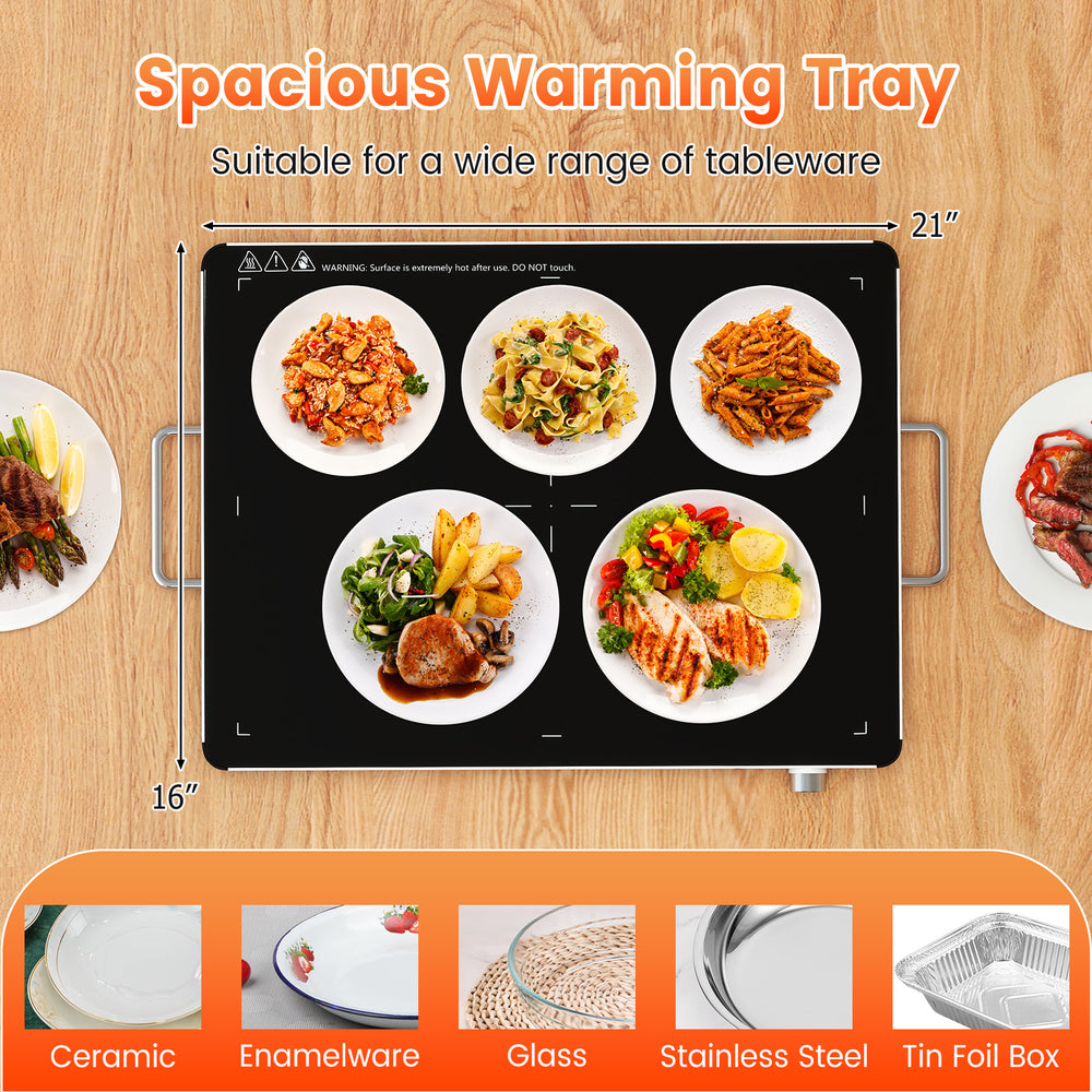 Electric warming tray with five plates of food, featuring adjustable temperature control and a tempered glass surface.