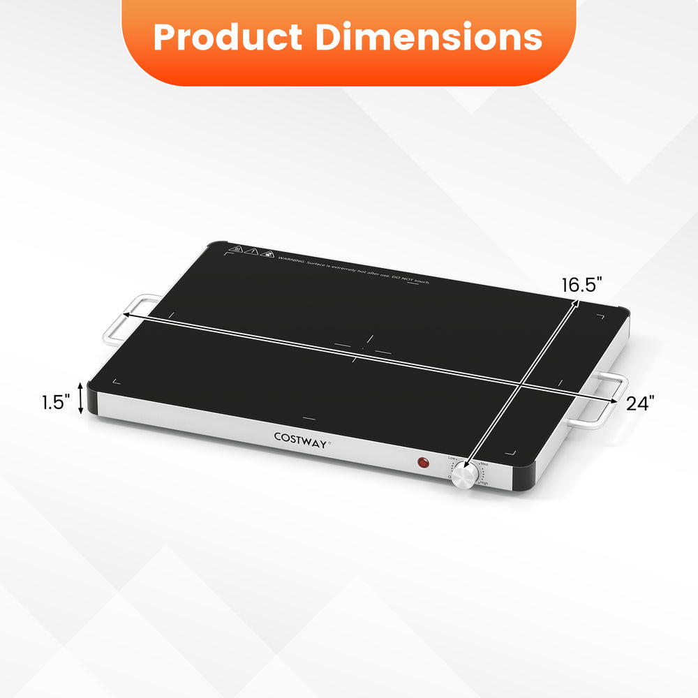 Electric warming food warmer dimensions showing 24" x 16.5" x 1.5", featuring a tempered glass surface and cool-touch.