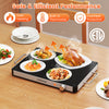 Electric warming tray with adjustable temperature control, featuring a tempered glass surface for safe food heating.