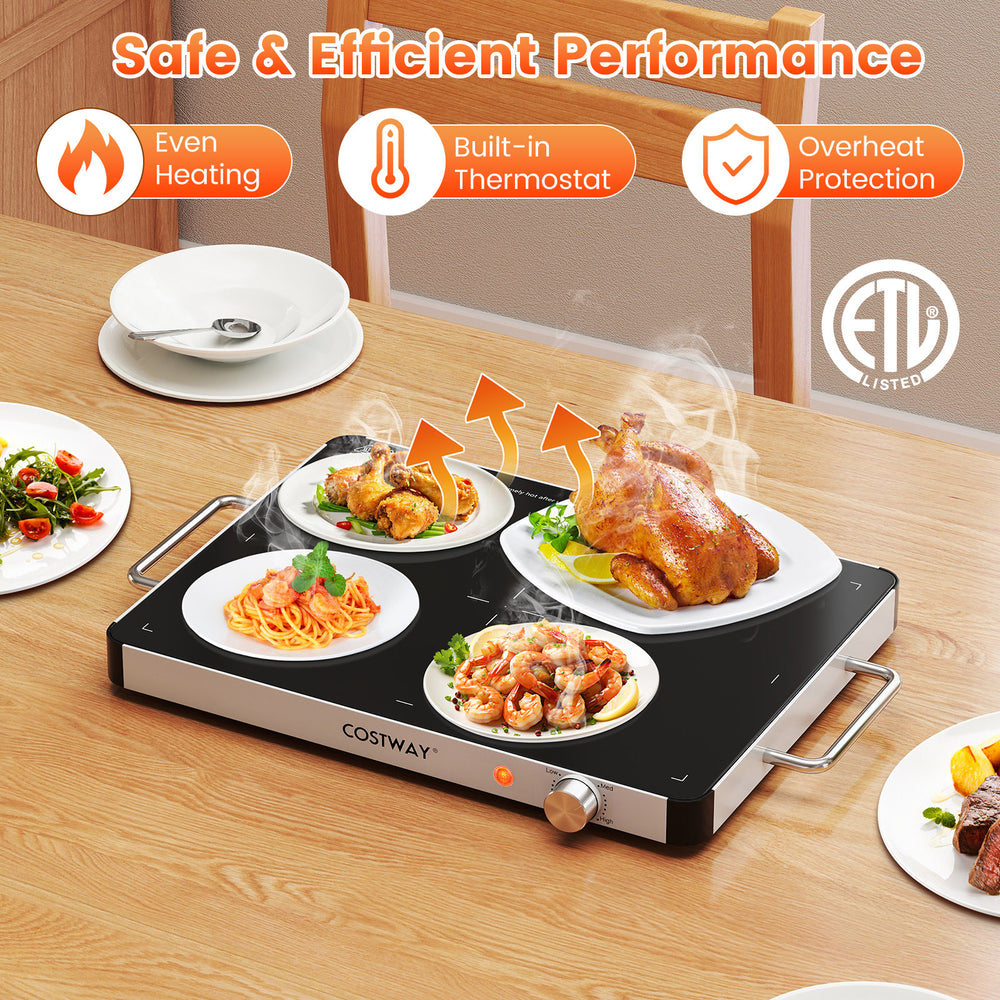 Electric warming tray with adjustable temperature control, featuring a tempered glass surface for safe food heating.