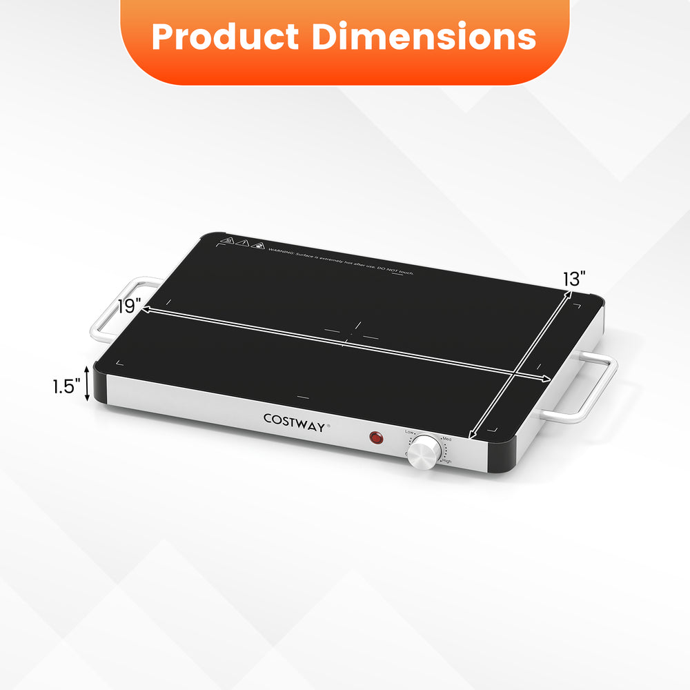 Electric warming tray with adjustable temperature control, 19"x13" tempered glass surface, ideal for buffets and.