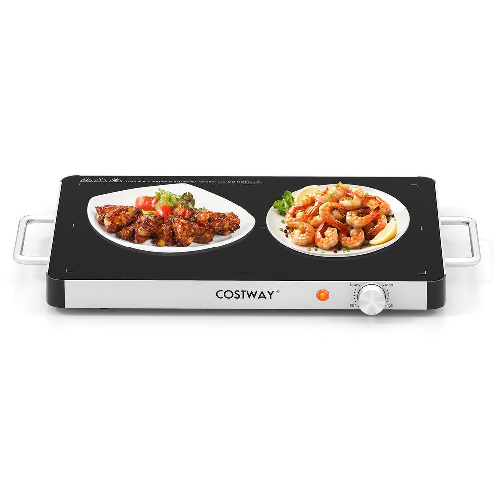 Electric warming tray with adjustable temperature control, featuring a tempered glass surface, ideal for buffets and.