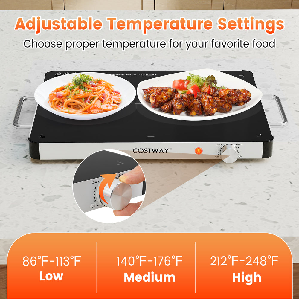 Electric warming tray with adjustable temperature control, featuring a tempered glass surface for buffets and.