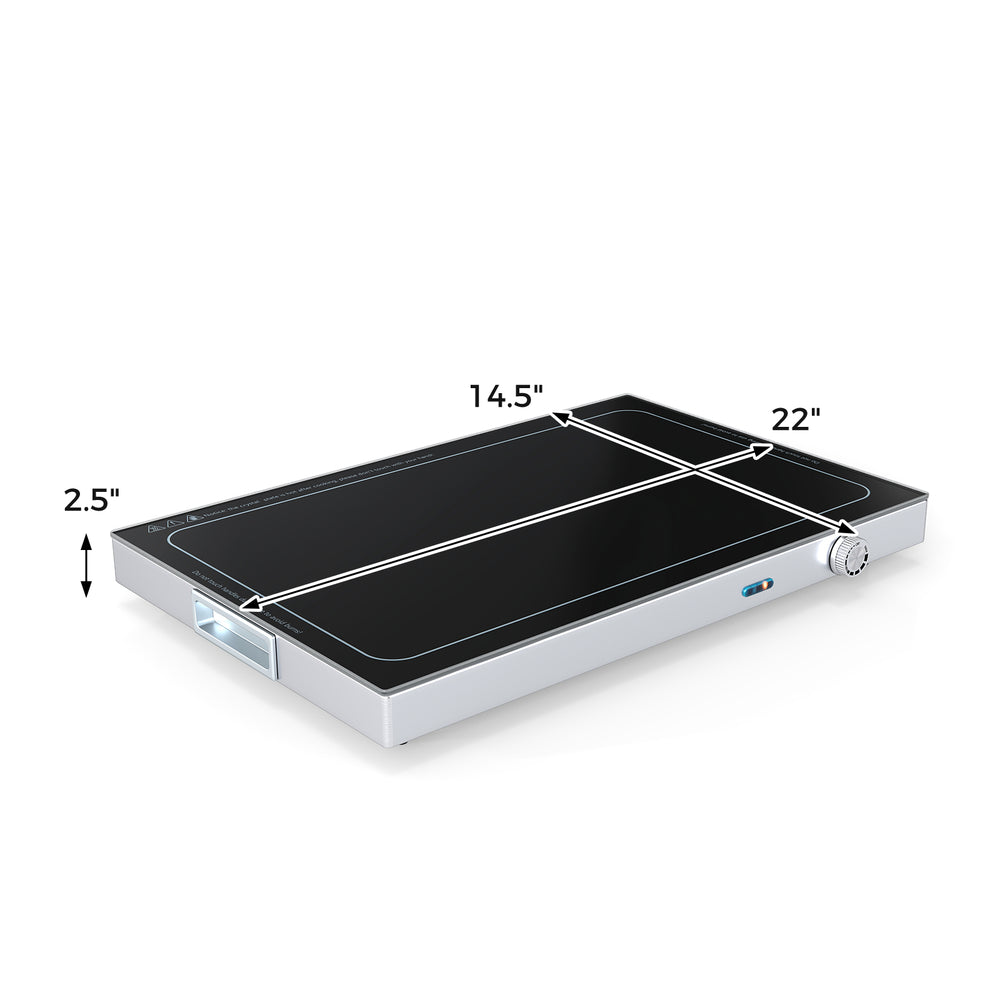 Electric warming tray with adjustable temperature, tempered glass top, and built-in handles for easy portability.