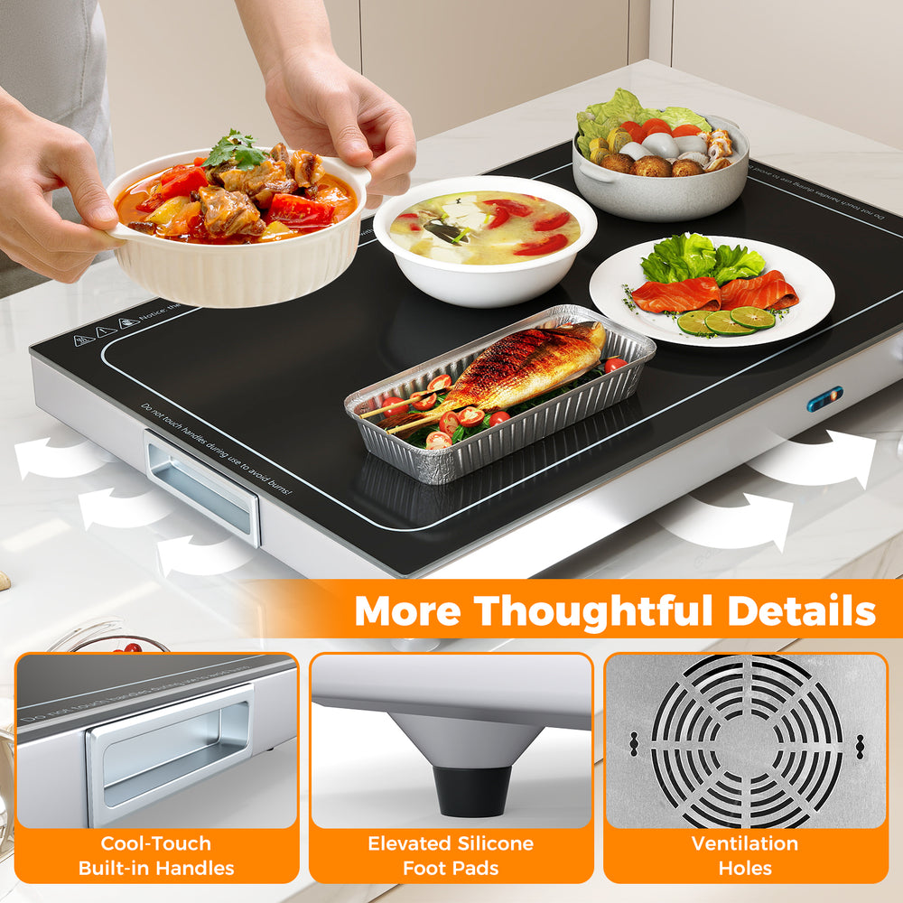 Electric warming tray with adjustable temperature, built-in handles, and a tempered glass top for easy cleaning and.