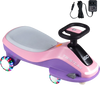 Electric wiggle car in pink and purple with flashing wheels, 360° steering, and music player for kids aged 3+.