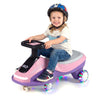 Electric wiggle car in pink and purple for kids, featuring flashing wheels, 360° steering, and a comfortable seat.