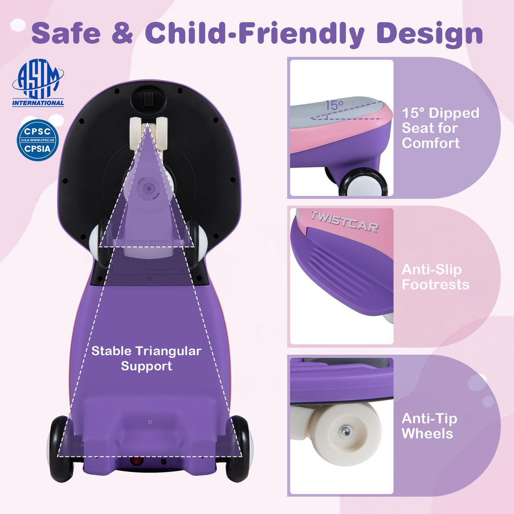 Electric wiggle car for kids features a 15° dipped seat, anti-slip footrests, and triangular support for stability.