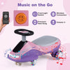 Electric wiggle car in pink and purple with flashing wheels, front light, and music player for kids aged 3+ years.
