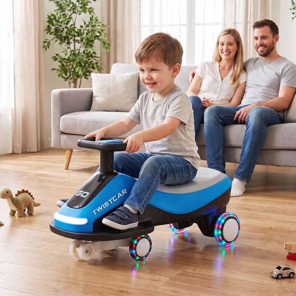 Electric Wiggle Car for Kids Age 3+ Years Old with Flashing Wheels and Front Light-Black + Blue - Gallery View 1 of 11